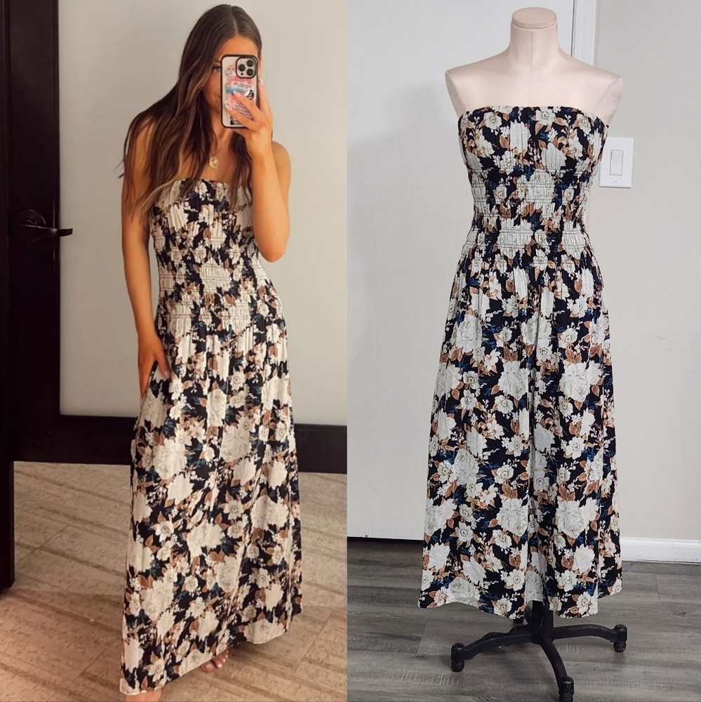 Abercrombie & Fitch Black Floral Strapless Maxi Dress